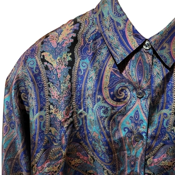 Vintage Copper Key Paisley Silk Satin Button Puff Sleeve Blouse Size Medium - Picture 2 of 8